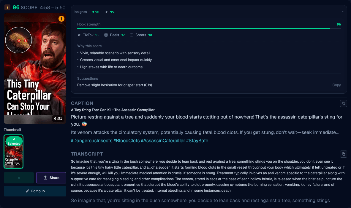 Hook score & insights on every clip