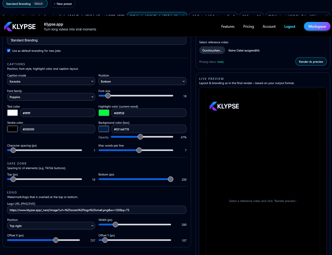 Klypse branding presets