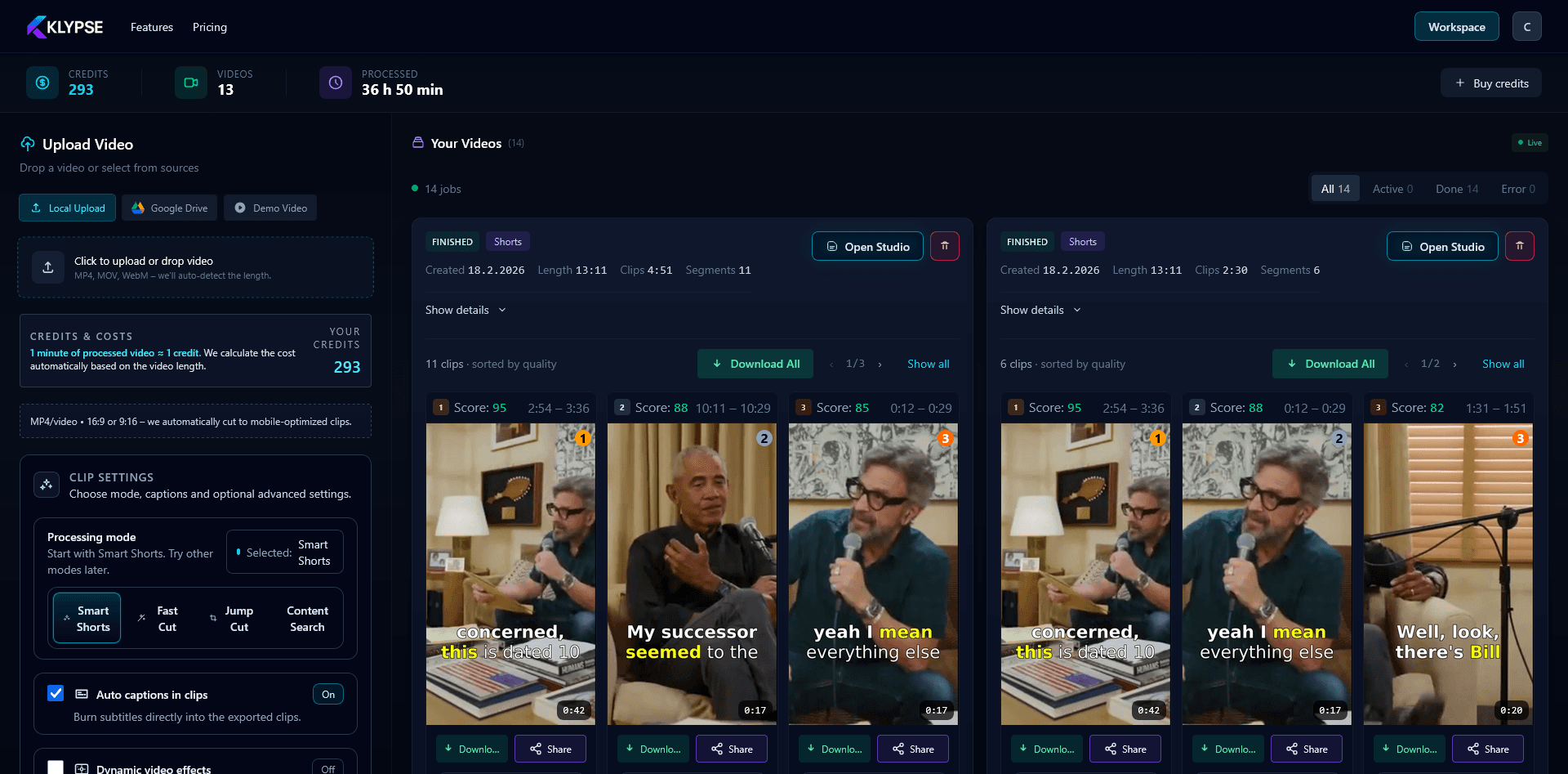 Klypse dashboard workspace for YouTubers showing multiple vertical Shorts generated from one long video
